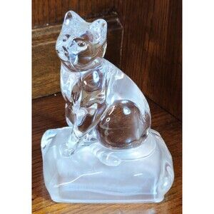 Cristal D'Arques France Cat Clear Lead Crystal Figurine w/ Frosted Glass Base